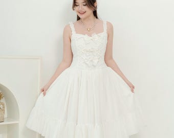 Victorian Classic Sweetheart Dress: White Chiffon, Lace Bows, Corset Lacing