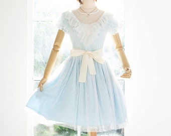 Kawaii Soft Blue Brocade Dress, Collared Princesscore Gown, Blue Deep Triangle Collared Dress, Alice Blue Sweet Lolita Dress