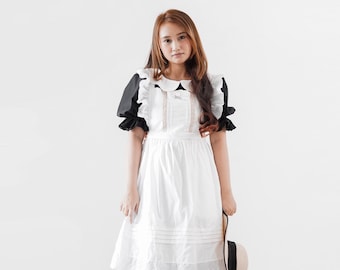 Black Cottagecore Maid Dress And White Apron, Long Black Maid Dress, Wednesday Addams Inspired Dress, Traditional Maid Dress, Antique Maid