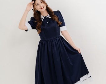 Modest Sailor Long Dress: 70s Style Uniform Gown with White Collar