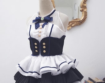 Idol-Inspired Ruffle Dress: Black & White Kawaii Stage Performance Outfit