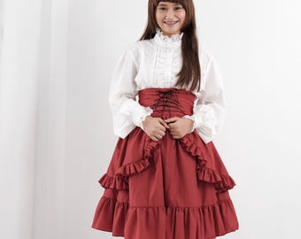 Ruffled High Waist Lolita Skirt, Red Victorian Skirt