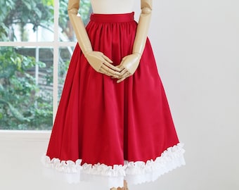 Red Sateen Long Flowy Skirt With Ruffle Lace, Red And White Christmas Costume