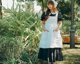Vintage Inspired Maid Dress: Cotton Apron, Cottage Headscarf
