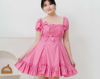 Puff Sleeve Pink Coquette Mini Dress, Ruffle Fairy Core with Dainty Bows