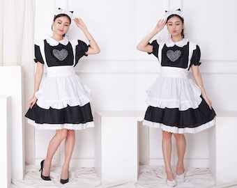 Hausmädchenuniform mit Neko-Ohren-Kopfschmuck, individuell in Ihrer Farbe Klassische Maiduniform und weiße Rüschenschürze, individuelles Maid-Outfit