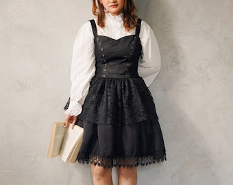 Sateen Gothic Steampunk Sleeveless Dress, Elegant Gothic Lolita Puffy Skirt, Lolita Dollcore Black Skirt, Gothic Lolita JSK Dress