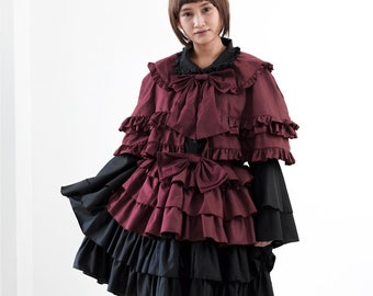 Black Maroon Gothic Two Pieces Lolita Dress With Capelette
