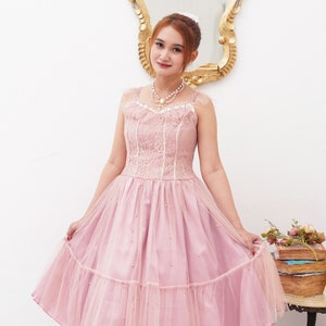 Sweet Lolita OP with Lace Bodice, Tulle Skirt & Pearls, Pearl Embellished Lolita, Pastel Princess, Romantic Lolita, Sweet Princess Dress
