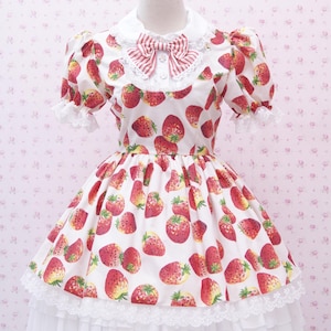 Strawberry Print Fabric Lolita Dress with Ruffle Chiffon Skirt and Puff Sleeves, Strawberry Girl Dress, Strawberry Kawaii Dress