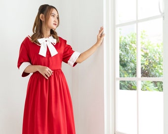 Lipstick Red Classic Uniform, Long Uniform Dress, Vibrant Red Satin Vintage Look Dress, Long Satin Sailor Collared Elegant Red Gown