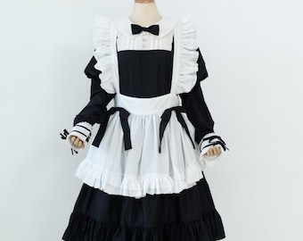 Black Victorian Maid Dress, Cotton French Maid Uniform
