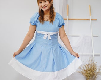 Classic Simple Victorian Lolita Retro Dress, Minimalist Grey and White Simple Dress and Pleated Skirt, Blue Dress Lolita, Classic Outfit