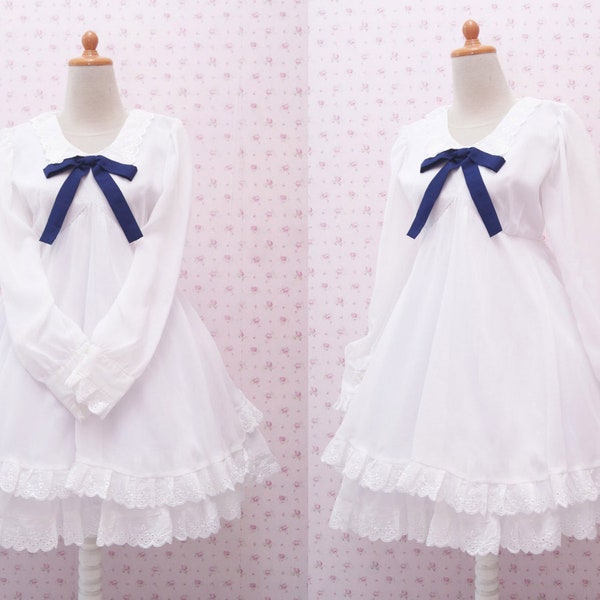 Vintage White Chiffon Dress With Lace and Navy Blue Ribbon - Full White Wedding Dress - Sweet Lolita Dress - White Classic Lolita Dress