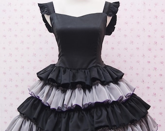 Gothic Black Sweetheart Dress With Two Tone Chiffon Layered Skirt, Goth Outfit