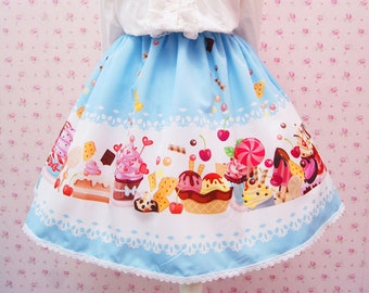 Baby Blue Lolita Skirt with Sweet Cupcake Pattern and Lace, Knee Length Skirt, Made to Order Lolita Skirt, Daily Skirt, Kawaii Skirt