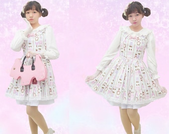 Pariser Kawaii-Lolita-Kleid, lässige Kawaii-Kleidung, Kawaii-Rosa bedruckter Stoff-Lolita-Kleid, Eiffelturm-Rosa-Baumwoll-Lolita-Kleid