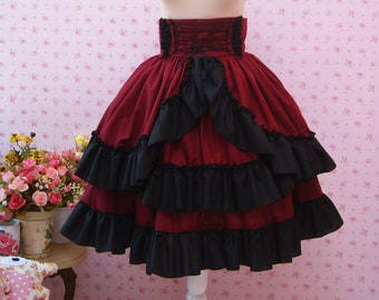 High Waist Two Tone Goth Lolita Ruffle Skirt, Plus Size Friendly Skirt, Ruffle Underbust Skirt, Tea Length Black Lolita Skirt, Lolita Skirt