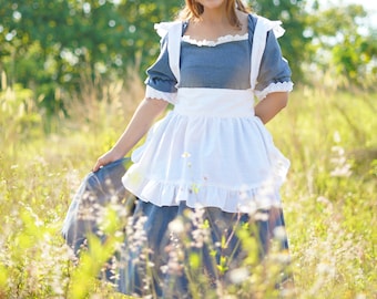 Blå Cottagecore-pigaklänning: Hjärtformad puffärm i vintagestil