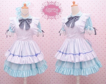 Custom In Your Color Alice in Wonderland Maid Dress, Handmade Turquoise Cotton Maid Dress And White Apron, Kawaii Turquoise Maid Costume