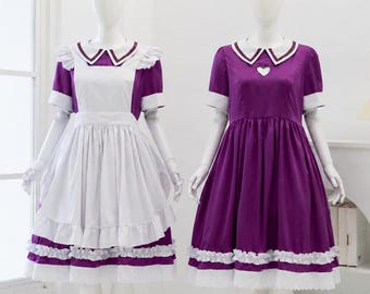 Purple Sateen Maid Dress, White Apron, Heart Embroidery Detail, Long Skirt