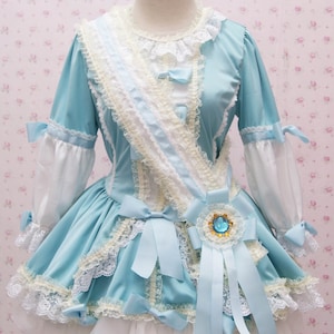 Girl Idol Costume Long Sleeve Classic Lolita Dress Bridgerton Inspired Decorated With Kawaii Sash, Ruffle Skirt, Lace, and Huge Ribbon