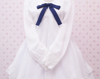Vintage White Chiffon Dress With Lace and Navy Blue Ribbon, Full White Wedding Dress, Sweet Lolita Dress, White Classic Dress, Ballet Dress