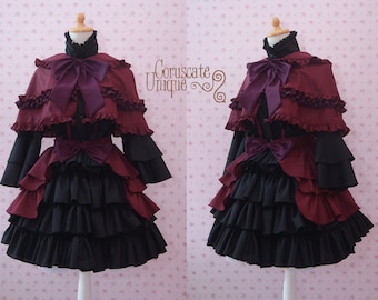 Black Maroon Gothic Two Pieces Lolita Dress With Capelette