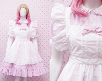 Kawaii Soft Pink Cotton Maid Dress And White Frilly Victorian Apron, Plus Size Friendly Maid Uniform Handmade, Custom Sissy Maid Cosplay