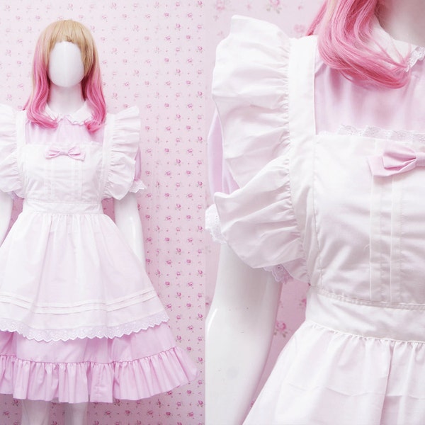 Kawaii Soft Pink Cotton Maid Dress And White Frilly Victorian Apron, Plus Size Friendly Maid Uniform Handmade, Custom Sissy Maid Cosplay