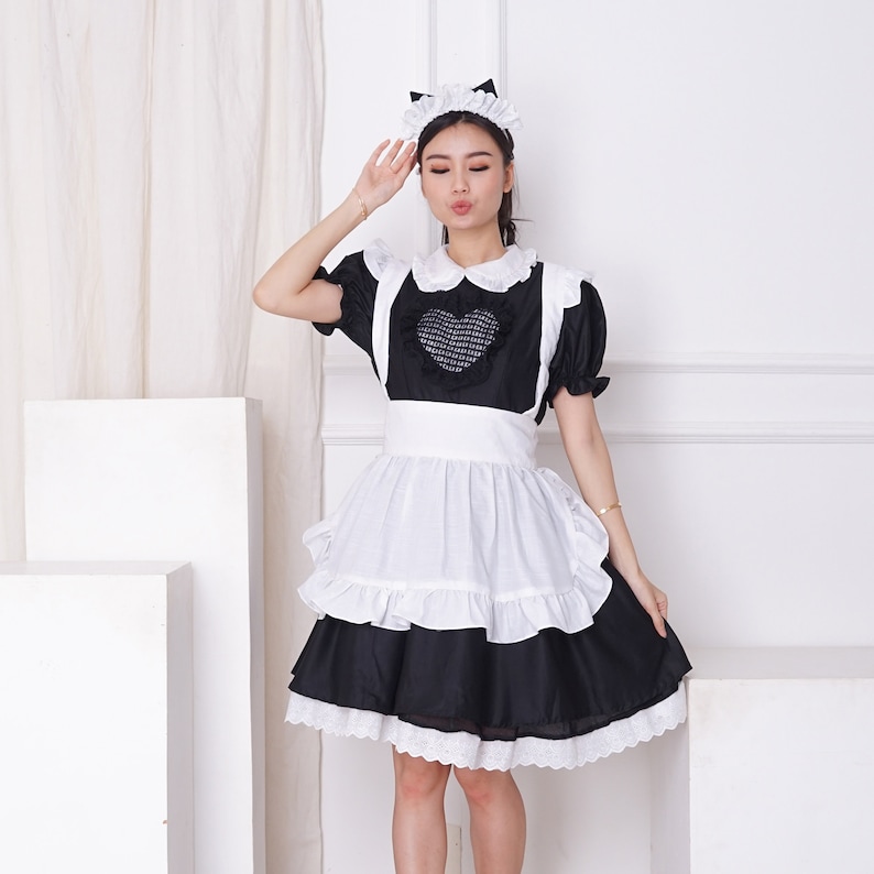 Classic Black And White Maid Set Dress With Apron And Cat Headpiece Custom In Your Color Scheme And Size Maid Dress And White Apron