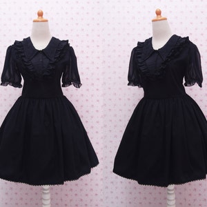 Black Gothic Laces Lolita Dress with Triangle Neckline and Puffy Chiffon Arms Gothic Lolita for Tea Party Knee Length Black Gothic Dress image 1