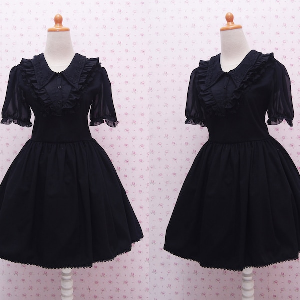 Black Gothic Laces Lolita Dress with Triangle Neckline and Puffy Chiffon Arms - Gothic Lolita for Tea Party - Knee Length Black Gothic Dress