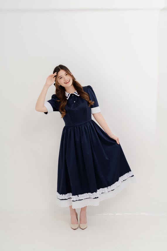 Modest Sailor Long Dress: 70s Style Uniform Gown with White Collar