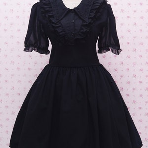 Black Gothic Laces Lolita Dress with Triangle Neckline and Puffy Chiffon Arms Gothic Lolita for Tea Party Knee Length Black Gothic Dress image 2