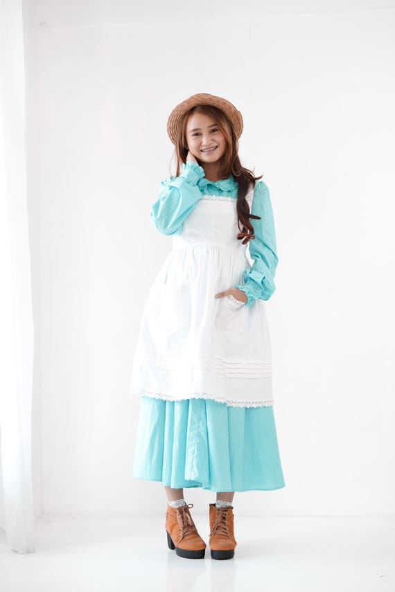 Long Sleeve Cotton Classic Dress with Pinafore Pleated Front Pocket Apron