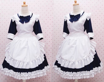 Long Version of Two Way Cotton Maid Dress And White Frilly Apron in Simple Victorian Style Dress, Kawaii Maid Costume, Classic Long Maid