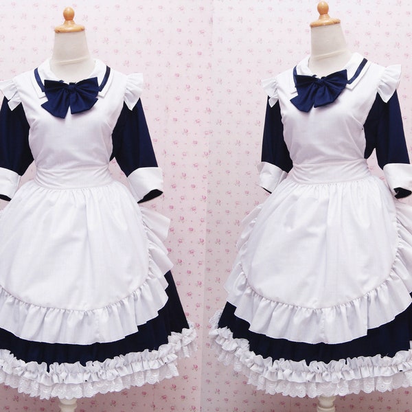 Long Version of Two Way Cotton Maid Dress And White Frilly Apron in Simple Victorian Style Dress, Kawaii Maid Costume, Classic Long Maid