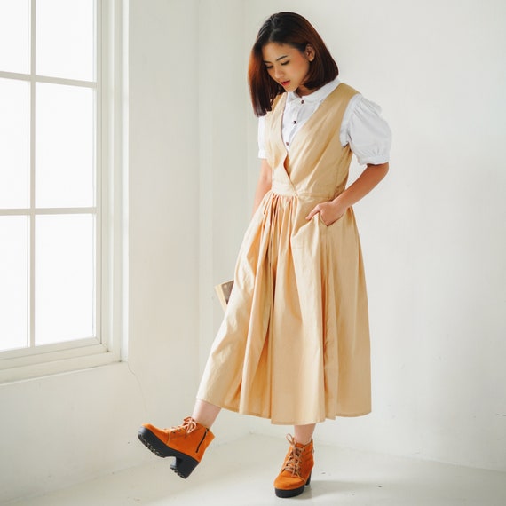 Beige Deep V Neck Linen Pinafore Dress 