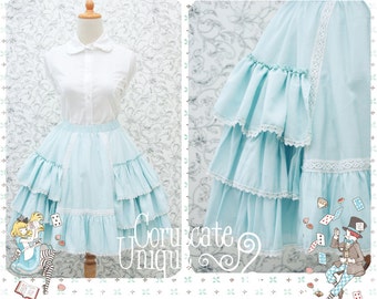 Turquoise Circle Lolita Three Layers Ruffle Skirt - Custom Size Green Lolita Ruffle Knee Length Skirt - Custom Size Three Layer Ruffle Skirt