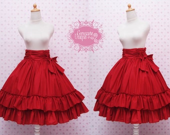 Bright Red High Waist Pleated Victorian Doll Ruffle Skirt, Red Classic Lolita Skirt With Ruffle Edge, Layered Rococo Glamour Victorian Skirt