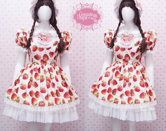 Kawaii Strawberry Dress with White Chiffon Ruffle Skirt and Lace - Strawberry Shortcake Dress - Sweet Lolita Dress -Custom to your size