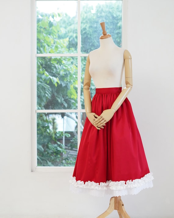 Red Sateen Long Flowy Skirt With Ruffle Lace Edge, Red And White Christmas Outfit