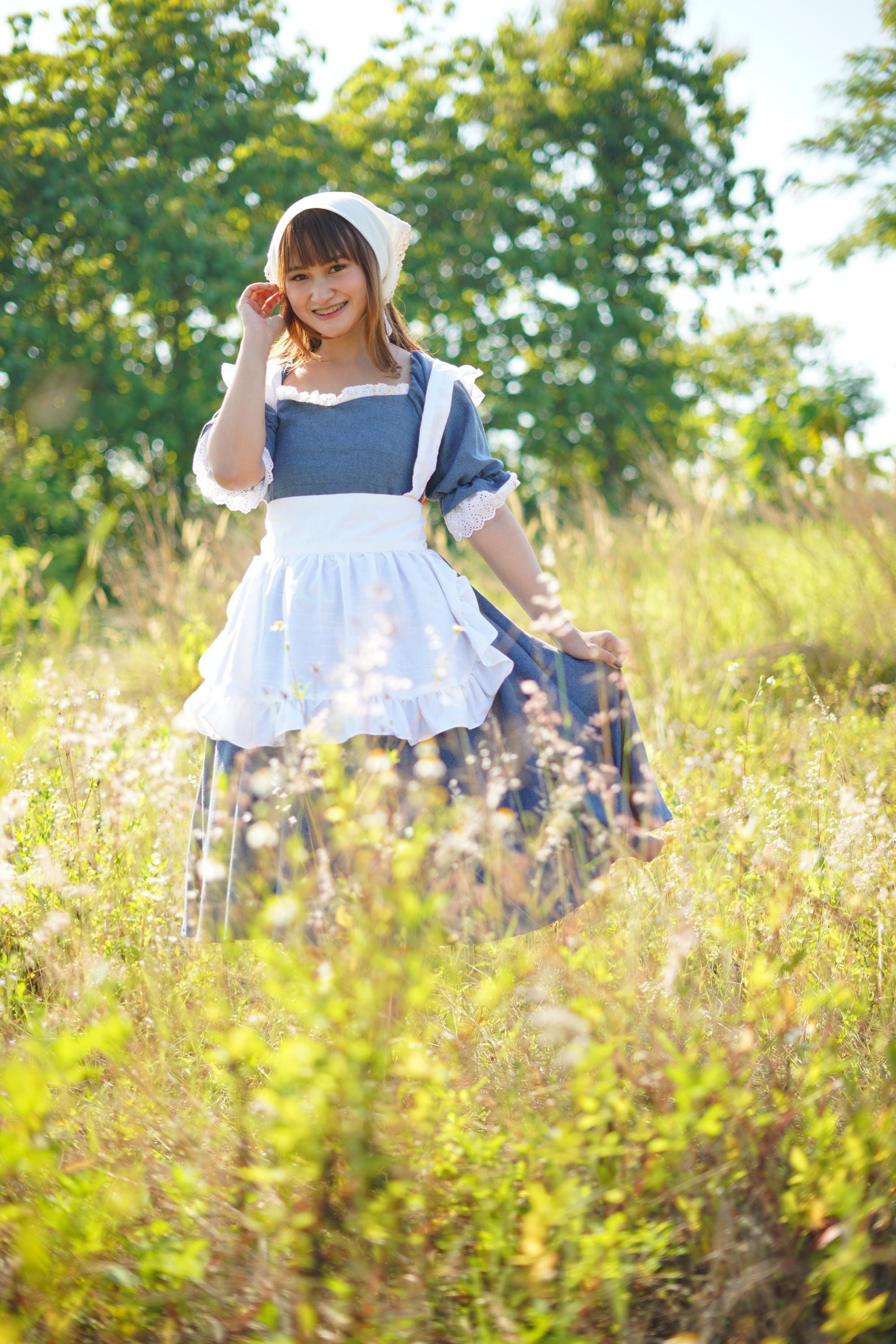 maid dress cute Blue Cottagecore Dress: Sweetheart Puffy Sleeve Vintage Style Cat paw Select your size:12 CL_inv_8.6647 La Femme 32811 - 1x maid dress+1x headpiece+1x