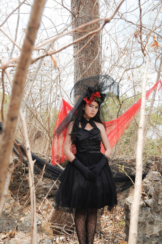 Black Tulle Gothic Dress: Satin Pleated Party Cocktail Dress