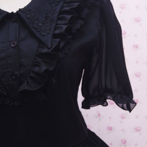 Black Gothic Laces Lolita Dress with Triangle Neckline and Puffy Chiffon Arms Gothic Lolita for Tea Party Knee Length Black Gothic Dress image 3