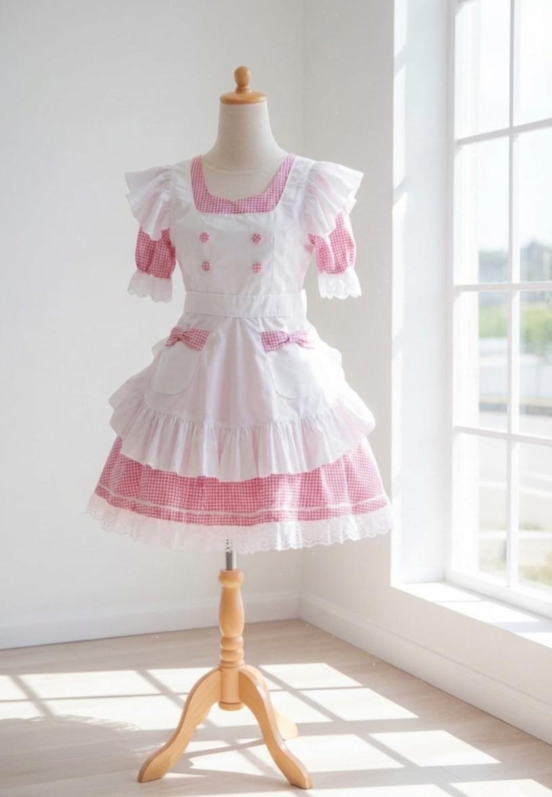 maid dress pink Elainilye Fashion Womens Uniform Suit Plus Size Pure French Maid Short Sleeve Square Neck Dress,Pink, Women's, Size: Large(US:8) whats not to love about this super cute maid cosplay set Basic Casual Dresses Pink Maid