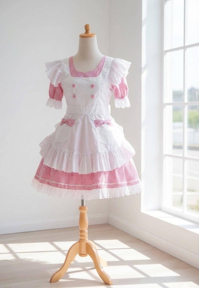 open lace back dress Pink Lace Up Lolita Maid Dress Set – Cospicky main image 0