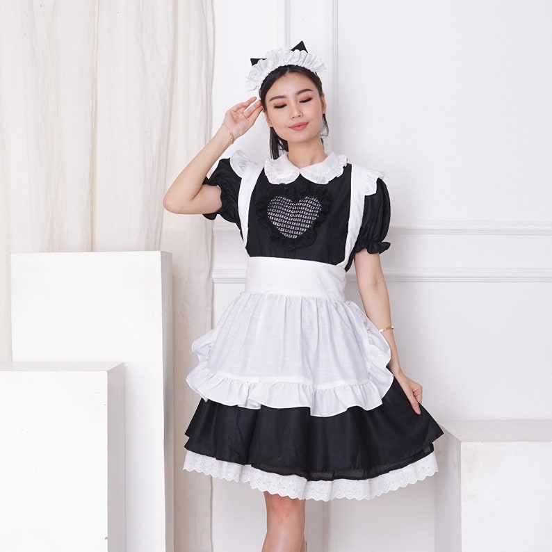 Classic Black And White Maid Set Dress With Apron And Cat Headpiece Custom In Your Color Scheme And Size Maid Dress And White Apron
