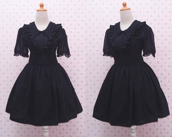 Black Gothic Lolita Dress - Chiffon Puffy Arms, Triangle Neckline